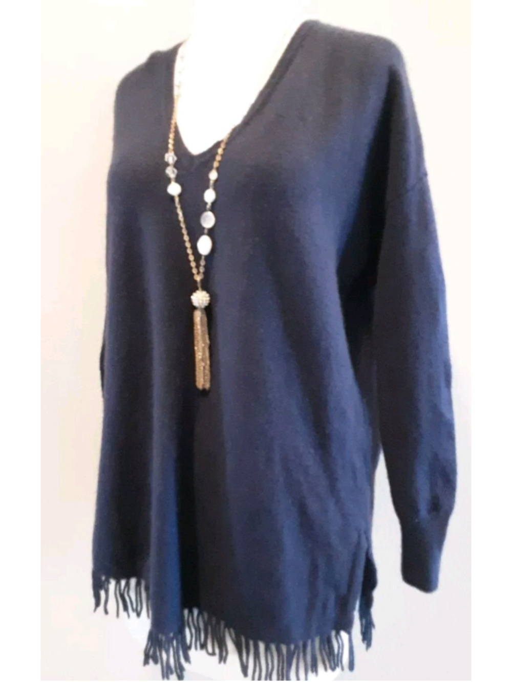 LILLY PULITZER-Alessandra Cashmere Sweater Navy V Neck Fringe Tunic Sz XS/S